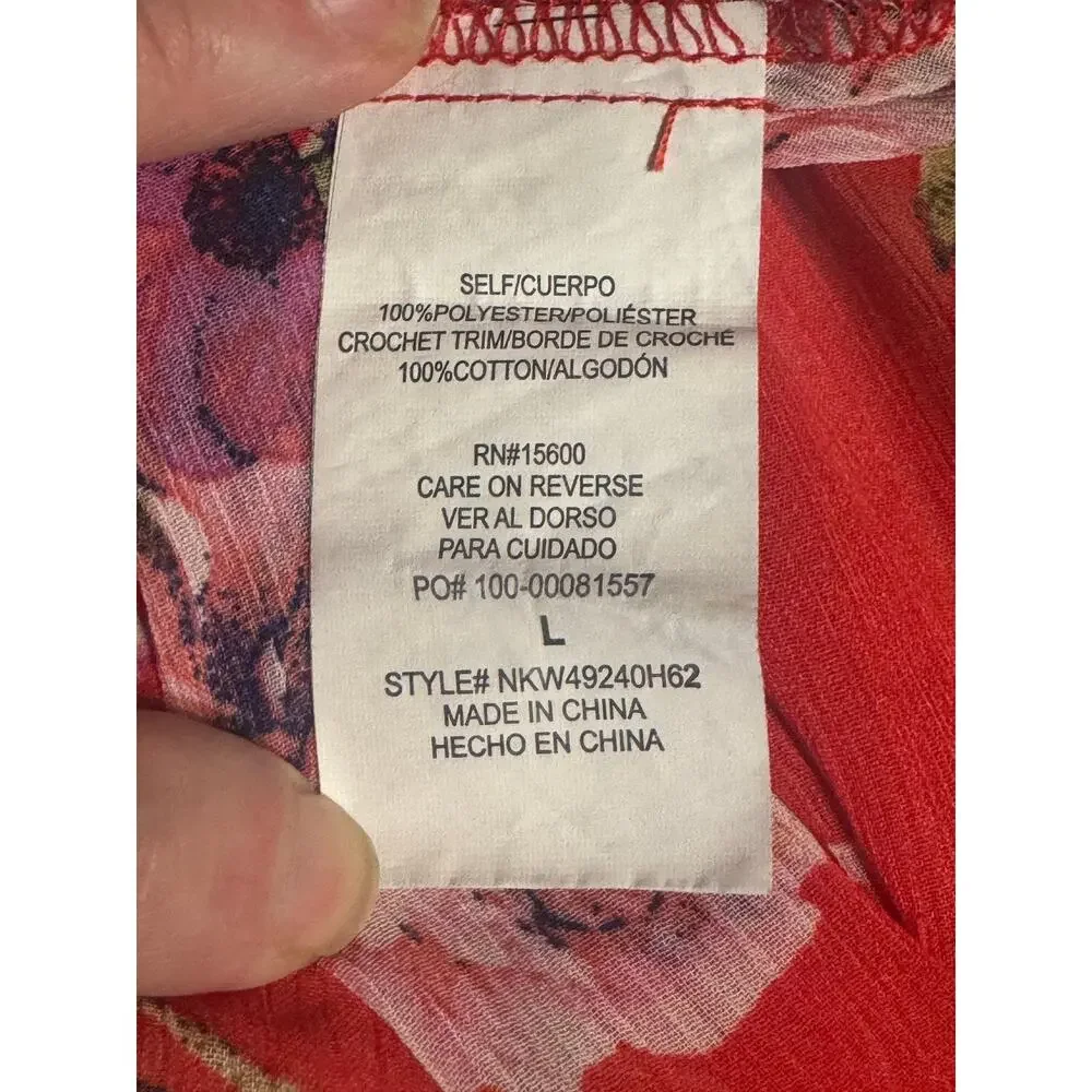 Rewind Red Floral Lace Trim Kimono Cover Up Open Front Sheer Boho Size Large